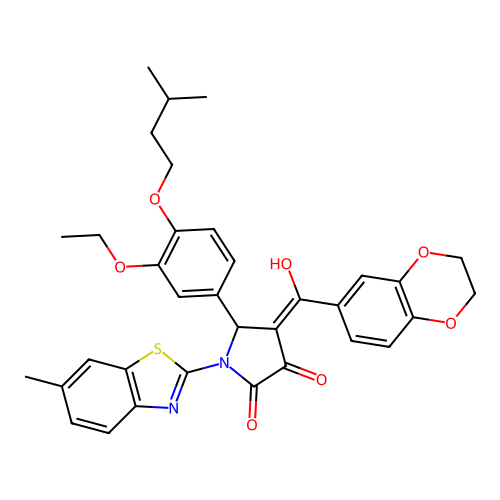 (4E)-4-[2,3-dihydro-1,4-benzodioxin-6-yl(hydroxy)methylidene]-5-[3-ethoxy-4-(3-methylbutoxy)phenyl]-1-(6-methyl-1,3-benzothiazol-2-yl)pyrrolidine-2,3-dione structure