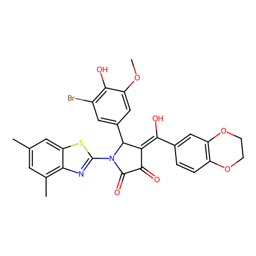 (4E)-5-(3-bromo-4-hydroxy-5-methoxyphenyl)-4-[2,3-dihydro-1,4-benzodioxin-6-yl(hydroxy)methylidene]-1-(4,6-dimethyl-1,3-benzothiazol-2-yl)pyrrolidine-2,3-dione structure