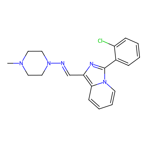 (E)-N-((3-(2-chlorophenyl)imidazo[1,5-a]pyridin-1-yl)methylene)-4-methylpiperazin-1-amine structure