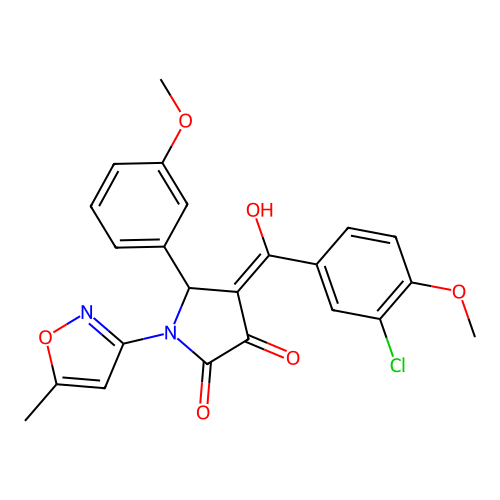 (4E)-4-[(3-chloro-4-methoxyphenyl)(hydroxy)methylidene]-5-(3-methoxyphenyl)-1-(5-methyl-1,2-oxazol-3-yl)pyrrolidine-2,3-dione structure