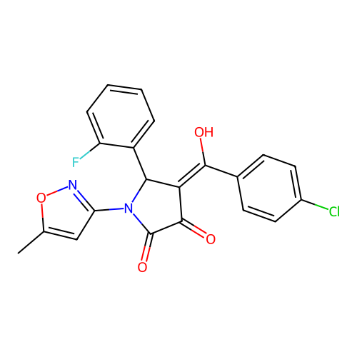 (4E)-4-[(4-chlorophenyl)(hydroxy)methylidene]-5-(2-fluorophenyl)-1-(5-methyl-1,2-oxazol-3-yl)pyrrolidine-2,3-dione structure