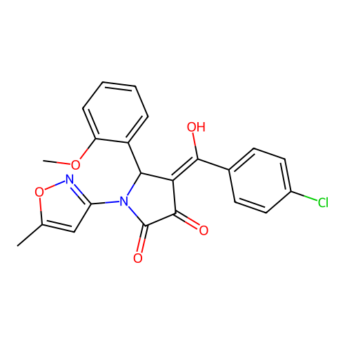 (4E)-4-[(4-chlorophenyl)(hydroxy)methylidene]-5-(2-methoxyphenyl)-1-(5-methyl-1,2-oxazol-3-yl)pyrrolidine-2,3-dione structure