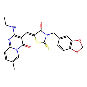 3-{(Z)-[3-(1,3-benzodioxol-5-ylmethyl)-4-oxo-2-thioxo-1,3-thiazolidin-5-ylidene]methyl}-2-(ethylamino)-7-methyl-4H-pyrido[1,2-a]pyrimidin-4-one structure