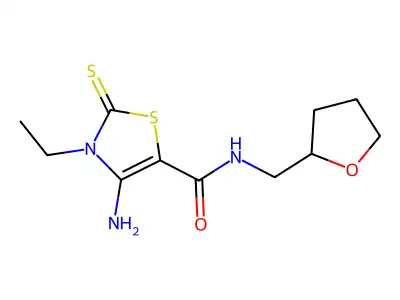 4-amino-3-ethyl-N-(tetrahydrofuran-2-ylmethyl)-2-thioxo-2,3-dihydro-1,3-thiazole-5-carboxamide structure