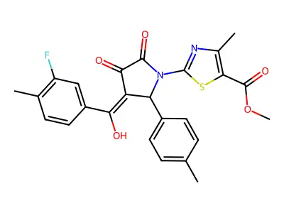 methyl 2-[3-[(3-fluoro-4-methylphenyl)-hydroxymethylidene]-2-(4-methylphenyl)-4,5-dioxopyrrolidin-1-yl]-4-methyl-1,3-thiazole-5-carboxylate structure