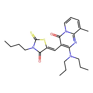 3-[(E)-(3-butyl-4-oxo-2-thioxo-1,3-thiazolidin-5-ylidene)methyl]-2-(dipropylamino)-9-methyl-4H-pyrido[1,2-a]pyrimidin-4-one structure