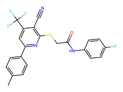 2-{[3-cyano-6-(4-methylphenyl)-4-(trifluoromethyl)pyridin-2-yl]sulfanyl}-N-(4-fluorophenyl)acetamide structure