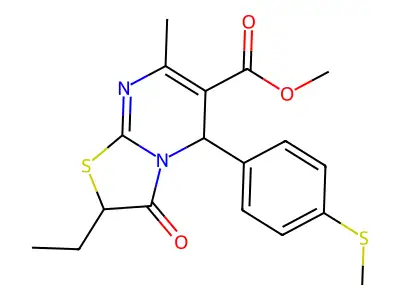 Methyl 2-ethyl-7-methyl-5-(4-(methylthio)phenyl)-3-oxo-3,5-dihydro-2H-thiazolo[3,2-a]pyrimidine-6-carboxylate structure