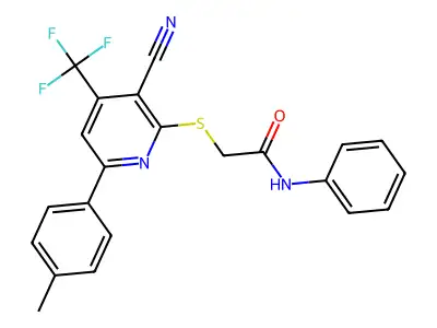 2-{[3-cyano-6-(4-methylphenyl)-4-(trifluoromethyl)pyridin-2-yl]sulfanyl}-N-phenylacetamide structure