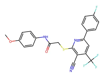 2-{[3-cyano-6-(4-fluorophenyl)-4-(trifluoromethyl)pyridin-2-yl]sulfanyl}-N-(4-methoxyphenyl)acetamide structure