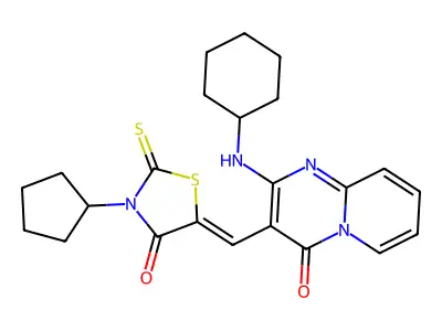 2-(cyclohexylamino)-3-[(Z)-(3-cyclopentyl-4-oxo-2-thioxo-1,3-thiazolidin-5-ylidene)methyl]-4H-pyrido[1,2-a]pyrimidin-4-one structure