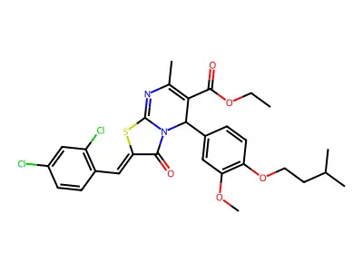 Ethyl 2-[(2,4-dichlorophenyl)methylene]-2,3-dihydro-5-[3-methoxy-4-(3-methylbutoxy)phenyl]-7-methyl-3-oxo-5H-thiazolo[3,2-a]pyrimidine-6-carboxylate structure