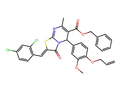 Phenylmethyl 2-[(2,4-dichlorophenyl)methylene]-2,3-dihydro-5-[3-methoxy-4-(2-propen-1-yloxy)phenyl]-7-methyl-3-oxo-5H-thiazolo[3,2-a]pyrimidine-6-carboxylate structure