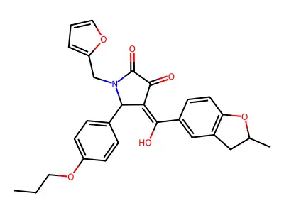 1-(furan-2-ylmethyl)-4-[hydroxy-(2-methyl-2,3-dihydro-1-benzofuran-5-yl)methylidene]-5-(4-propoxyphenyl)pyrrolidine-2,3-dione structure