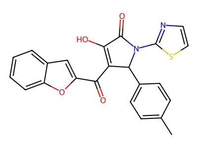 (4E)-4-[1-benzofuran-2-yl(hydroxy)methylidene]-5-(4-methylphenyl)-1-(1,3-thiazol-2-yl)pyrrolidine-2,3-dione structure