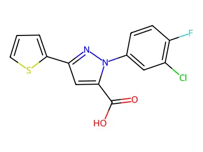 1-(3-Chloro-4-fluorophenyl)-3-(2-thienyl)-1H-pyrazole-5-carboxylic acid structure