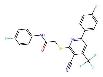 2-{[6-(4-bromophenyl)-3-cyano-4-(trifluoromethyl)-2-pyridinyl]sulfanyl}-N-(4-fluorophenyl)acetamide structure