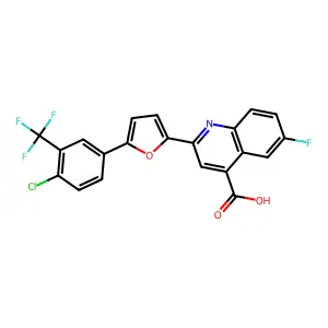 2-{5-[4-chloro-3-(trifluoromethyl)phenyl]furan-2-yl}-6-fluoroquinoline-4-carboxylic acid structure