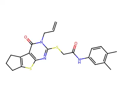N-(3,4-dimethylphenyl)-2-{[12-oxo-11-(prop-2-en-1-yl)-7-thia-9,11-diazatricyclo[6.4.0.0^{2,6}]dodeca-1(8),2(6),9-trien-10-yl]sulfanyl}acetamide structure