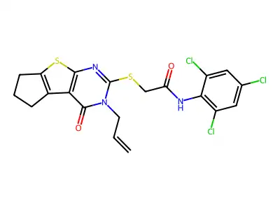 2-{[12-oxo-11-(prop-2-en-1-yl)-7-thia-9,11-diazatricyclo[6.4.0.0^{2,6}]dodeca-1(8),2(6),9-trien-10-yl]sulfanyl}-N-(2,4,6-trichlorophenyl)acetamide structure