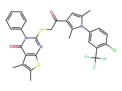 2-[(2-{1-[4-chloro-3-(trifluoromethyl)phenyl]-2,5-dimethyl-1H-pyrrol-3-yl}-2-oxoethyl)sulfanyl]-5,6-dimethyl-3-phenyl-3H,4H-thieno[2,3-d]pyrimidin-4-one structure
