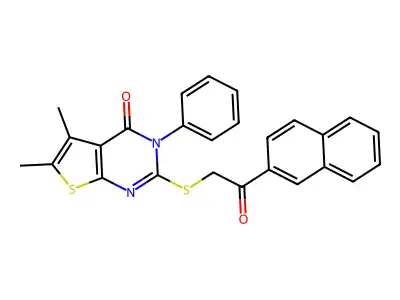 5,6-dimethyl-2-{[2-(naphthalen-2-yl)-2-oxoethyl]sulfanyl}-3-phenylthieno[2,3-d]pyrimidin-4(3H)-one structure