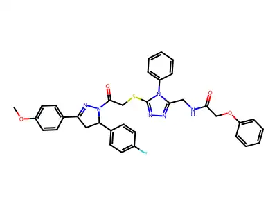 N-[[5-[2-[3-(4-fluorophenyl)-5-(4-methoxyphenyl)-3,4-dihydropyrazol-2-yl]-2-oxoethyl]sulfanyl-4-phenyl-1,2,4-triazol-3-yl]methyl]-2-phenoxyacetamide structure