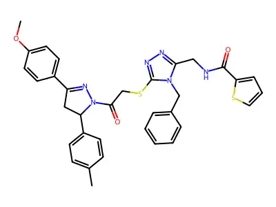 N-[[4-benzyl-5-[2-[5-(4-methoxyphenyl)-3-(4-methylphenyl)-3,4-dihydropyrazol-2-yl]-2-oxoethyl]sulfanyl-1,2,4-triazol-3-yl]methyl]thiophene-2-carboxamide structure