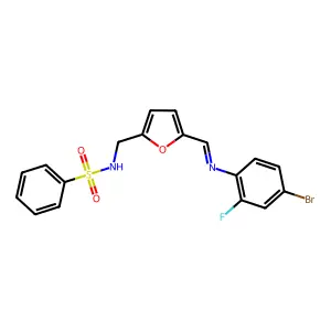 N-[(5-{(E)-[(4-bromo-2-fluorophenyl)imino]methyl}furan-2-yl)methyl]benzenesulfonamide structure