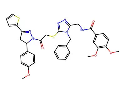 N-[[4-benzyl-5-[2-[3-(4-methoxyphenyl)-5-thiophen-2-yl-3,4-dihydropyrazol-2-yl]-2-oxoethyl]sulfanyl-1,2,4-triazol-3-yl]methyl]-3,4-dimethoxybenzamide structure