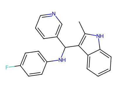 4-fluoro-N-((2-methyl-1H-indol-3-yl)(pyridin-3-yl)methyl)aniline structure
