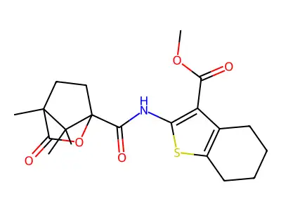 methyl 2-{[(4,7,7-trimethyl-3-oxo-2-oxabicyclo[2.2.1]hept-1-yl)carbonyl]amino}-4,5,6,7-tetrahydro-1-benzothiophene-3-carboxylate structure