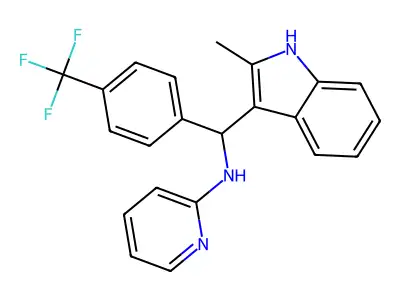 N-((2-methyl-1H-indol-3-yl)(4-(trifluoromethyl)phenyl)methyl)pyridin-2-amine structure