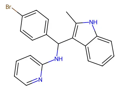 N-[(4-bromophenyl)(2-methyl-1H-indol-3-yl)methyl]pyridin-2-amine structure
