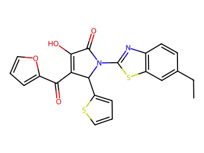 (4E)-1-(6-ethyl-1,3-benzothiazol-2-yl)-4-[furan-2-yl(hydroxy)methylidene]-5-(thiophen-2-yl)pyrrolidine-2,3-dione structure