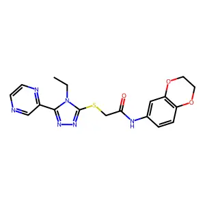 N-(2,3-Dihydrobenzo[b][1,4]dioxin-6-yl)-2-((4-ethyl-5-(pyrazin-2-yl)-4H-1,2,4-triazol-3-yl)thio)acetamide structure