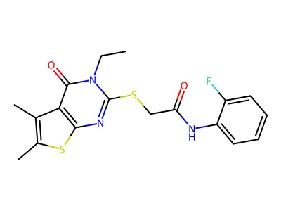 2-((3-Ethyl-5,6-dimethyl-4-oxo-3,4-dihydrothieno[2,3-d]pyrimidin-2-yl)thio)-N-(2-fluorophenyl)acetamide structure