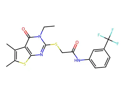 2-((3-Ethyl-5,6-dimethyl-4-oxo-3,4-dihydrothieno[2,3-d]pyrimidin-2-yl)thio)-N-(3-(trifluoromethyl)phenyl)acetamide structure