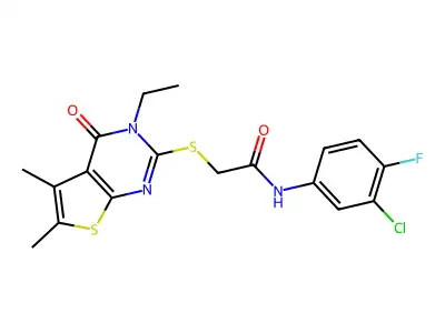 N-(3-Chloro-4-fluorophenyl)-2-((3-ethyl-5,6-dimethyl-4-oxo-3,4-dihydrothieno[2,3-d]pyrimidin-2-yl)thio)acetamide structure