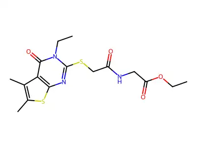 Ethyl 2-(2-((3-ethyl-5,6-dimethyl-4-oxo-3,4-dihydrothieno[2,3-d]pyrimidin-2-yl)thio)acetamido)acetate structure