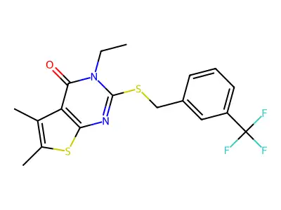 3-Ethyl-5,6-dimethyl-2-((3-(trifluoromethyl)benzyl)thio)thieno[2,3-d]pyrimidin-4(3H)-one structure