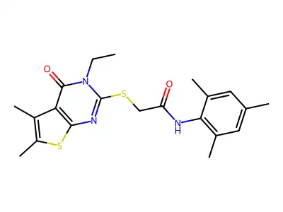 2-((3-Ethyl-5,6-dimethyl-4-oxo-3,4-dihydrothieno[2,3-d]pyrimidin-2-yl)thio)-N-mesitylacetamide structure