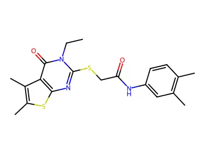 N-(3,4-Dimethylphenyl)-2-((3-ethyl-5,6-dimethyl-4-oxo-3,4-dihydrothieno[2,3-d]pyrimidin-2-yl)thio)acetamide structure