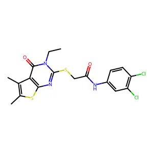 N-(3,4-Dichlorophenyl)-2-((3-ethyl-5,6-dimethyl-4-oxo-3,4-dihydrothieno[2,3-d]pyrimidin-2-yl)thio)acetamide structure