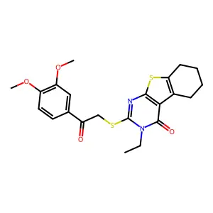 2-{[2-(3,4-dimethoxyphenyl)-2-oxoethyl]sulfanyl}-3-ethyl-5,6,7,8-tetrahydro[1]benzothieno[2,3-d]pyrimidin-4(3H)-one structure
