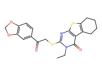 2-((2-(Benzo[d][1,3]dioxol-5-yl)-2-oxoethyl)thio)-3-ethyl-5,6,7,8-tetrahydrobenzo[4,5]thieno[2,3-d]pyrimidin-4(3H)-one structure