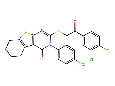 3-(4-chlorophenyl)-2-{[2-(3,4-dichlorophenyl)-2-oxoethyl]sulfanyl}-5,6,7,8-tetrahydro[1]benzothieno[2,3-d]pyrimidin-4(3H)-one structure