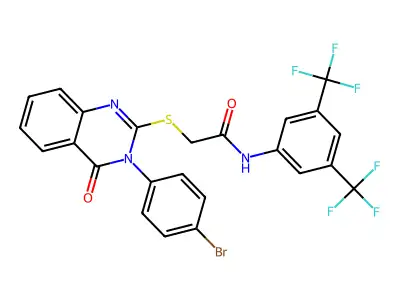 N-[3,5-bis(trifluoromethyl)phenyl]-2-{[3-(4-bromophenyl)-4-oxo-3,4-dihydro-2-quinazolinyl]sulfanyl}acetamide structure