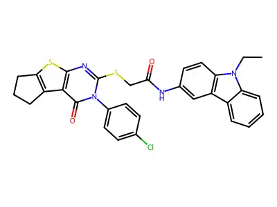 2-((3-(4-Chlorophenyl)-4-oxo-4,5,6,7-tetrahydro-3H-cyclopenta[4,5]thieno[2,3-d]pyrimidin-2-yl)thio)-N-(9-ethyl-9H-carbazol-3-yl)acetamide structure