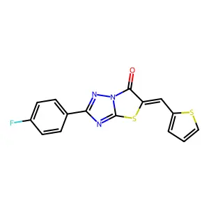 (5Z)-2-(4-fluorophenyl)-5-(thiophen-2-ylmethylidene)[1,3]thiazolo[3,2-b][1,2,4]triazol-6(5H)-one structure